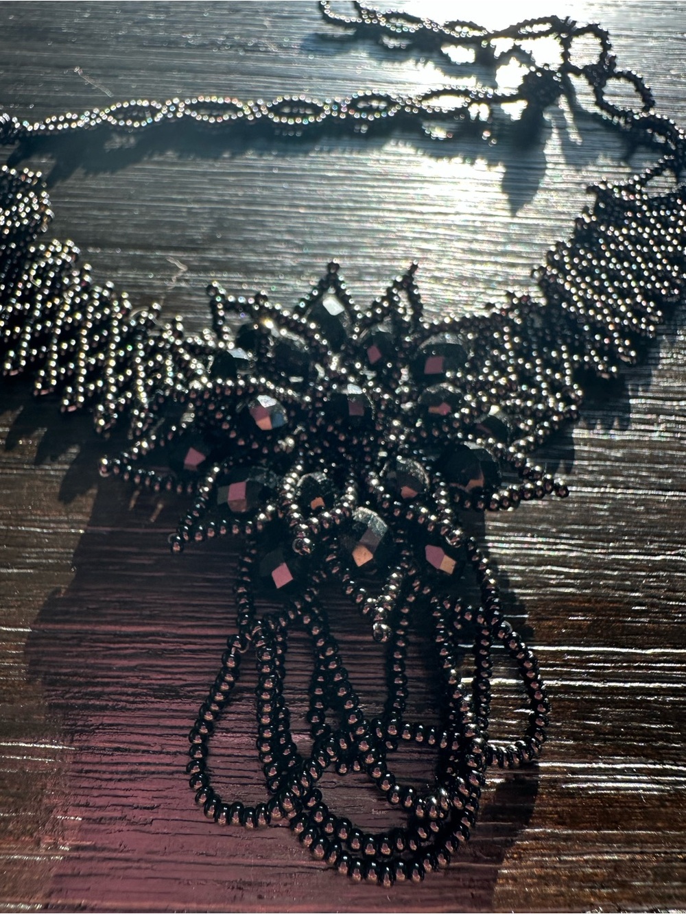 Black Beaded Statement Necklace with Floral Motif